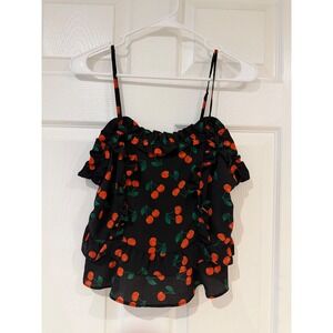 Free Generation Cherry Print Ruffle Cami Top‎ Black Red Small Cherrycore Summer